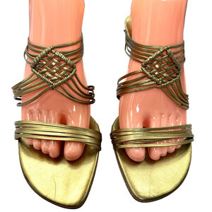 Kenneth Cole NY Women's Sandals Gold Woven Strappy Heels‎ Size 9 Leather Spain